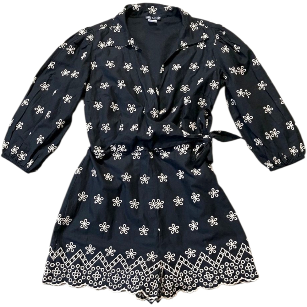 Venus Floral Embroidered Surplice Mini Romper Cream Blk 3/4 Slvs Waist Tie Sz 10 - Picture 2 of 16